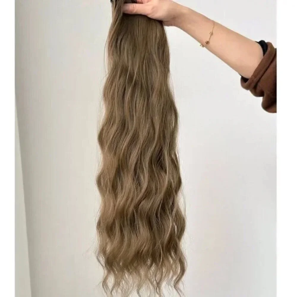 Ash light Brown Clip in 22 in Hair Extensions in Water Wave Human hair blend